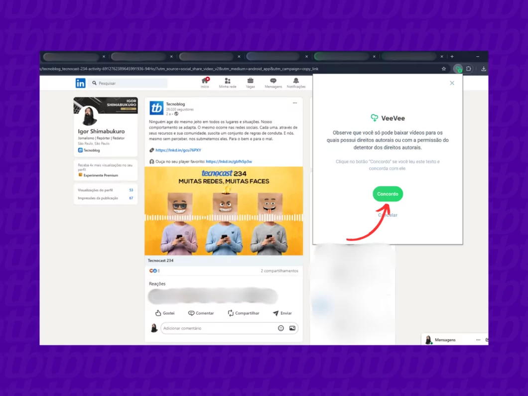 Como salvar vídeos do LinkedIn pelo celular ou computador Guia Região dos Lagos 15 Confirmando a autorização para baixar o vídeo do LinkedIn