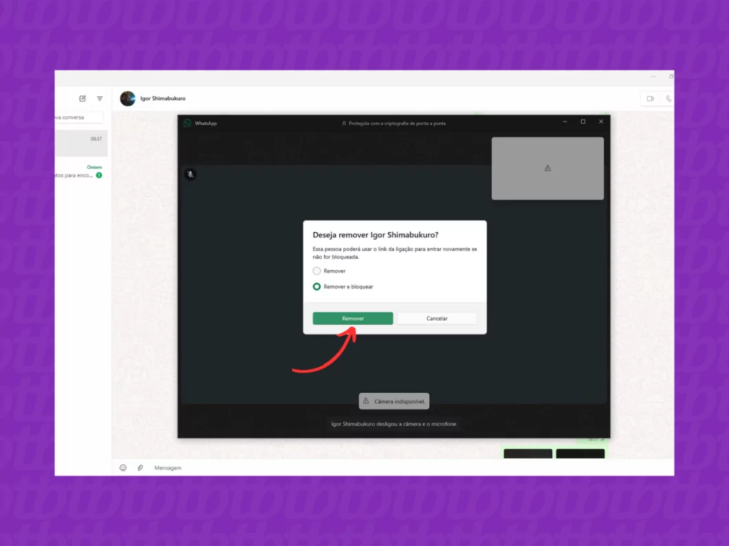 Como excluir ou silenciar alguém em uma ligação do WhatsApp Guia Região dos Lagos 10 Confirmando a remoção do contato na chamada por link do WhatsApp Desktop