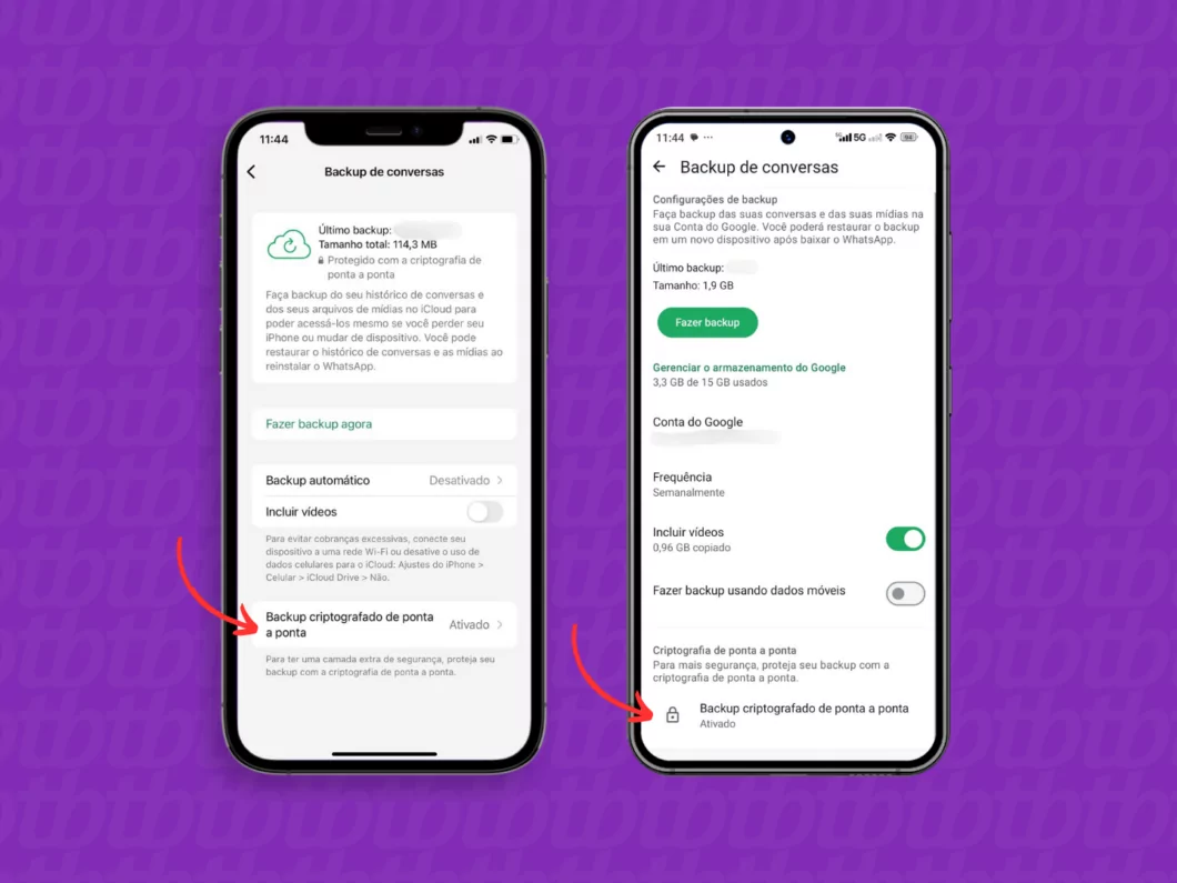 Acessando a opção 'Backup criptografado' do WhatsApp Acessando a opção 'Backup criptografado' do WhatsApp