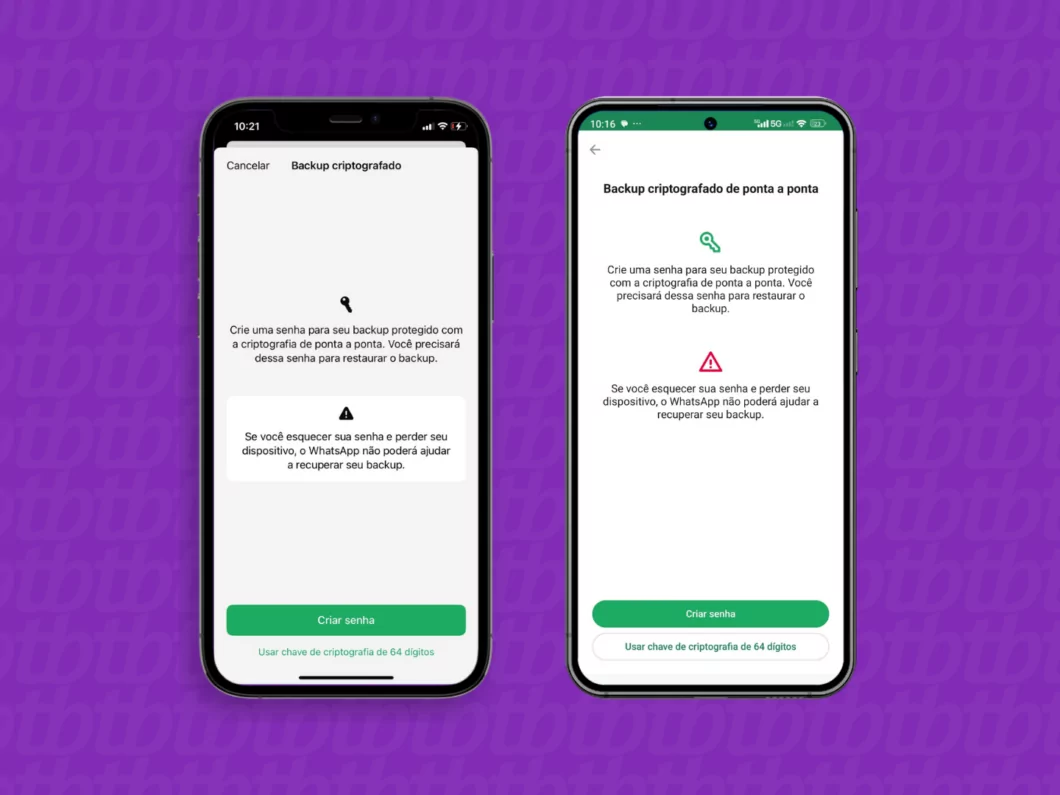 Escolha entre senha ou chave criptográfica para o backup criptografado Escolha entre senha ou chave criptográfica para o backup criptografado