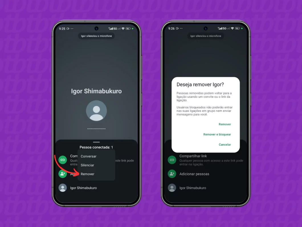 Como excluir ou silenciar alguém em uma ligação do WhatsApp Guia Região dos Lagos 8 Removendo contato na chamada por link do WhatsApp pelo celular