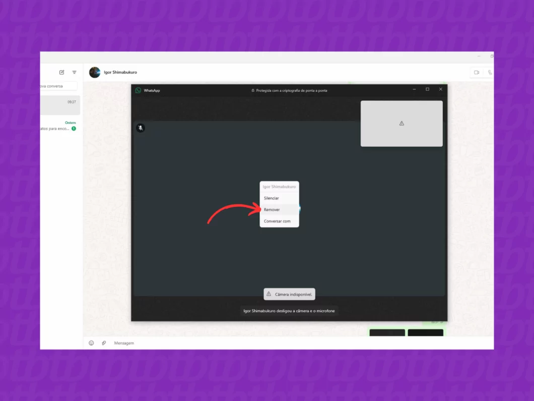 Como excluir ou silenciar alguém em uma ligação do WhatsApp Guia Região dos Lagos 9 Removendo contato na chamada por link no WhatsApp Desktop