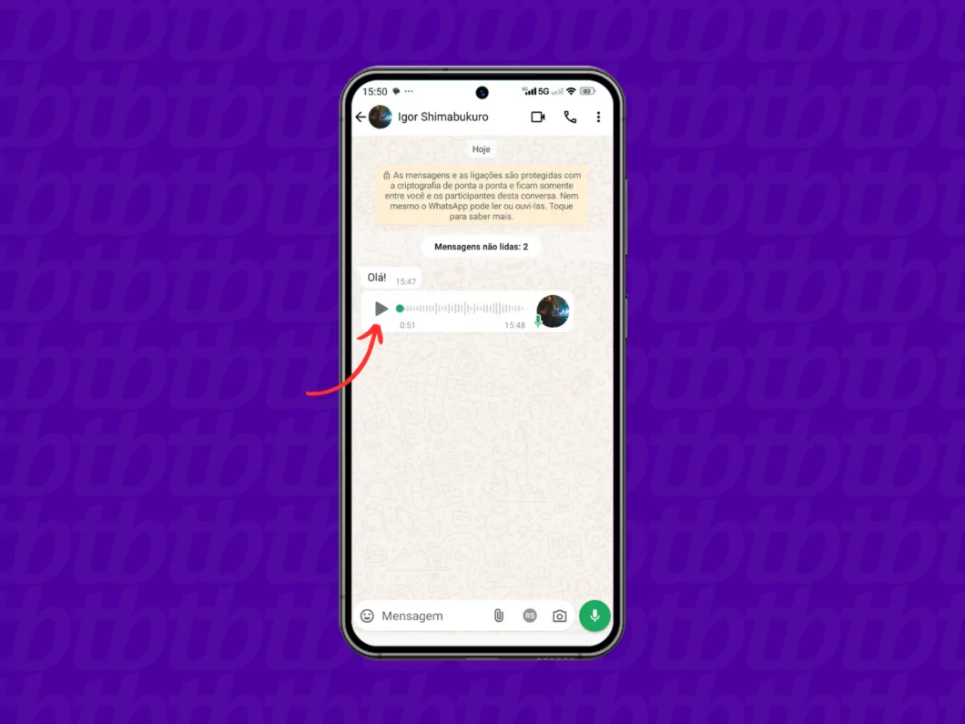 Reproduzindo um áudio na conversa do WhatsApp Reproduzindo um áudio na conversa do WhatsApp
