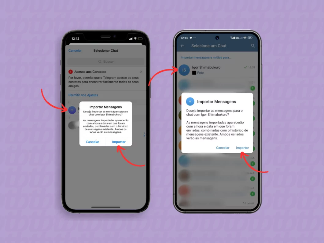 Selecionando o chat do Telegram que importará a conversa do WhatsApp Selecionando o chat do Telegram que importará a conversa do WhatsApp