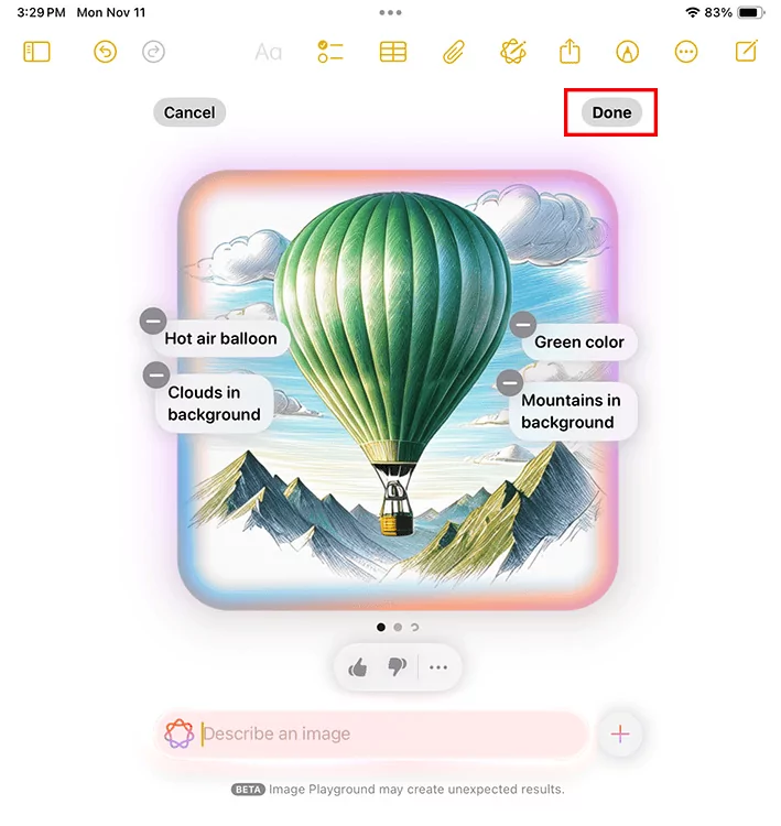 Imagem editada sendo inserida na nota Selecionando nova imagem após edição