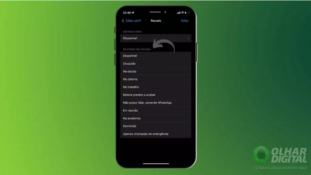 Processo de salvamento de recado no WhatsApp Salvando alterações no Recado