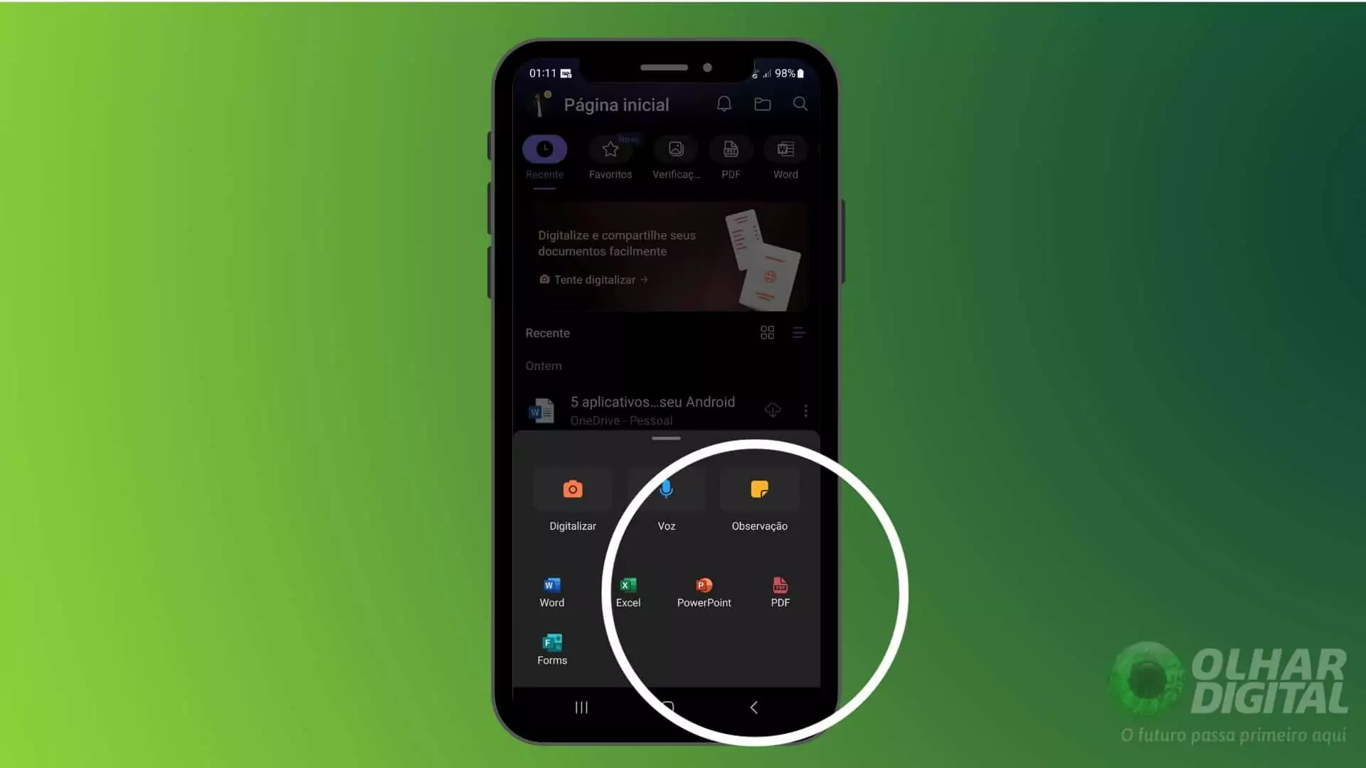 Tela do PowerPoint no celular com a opção de criação de slides