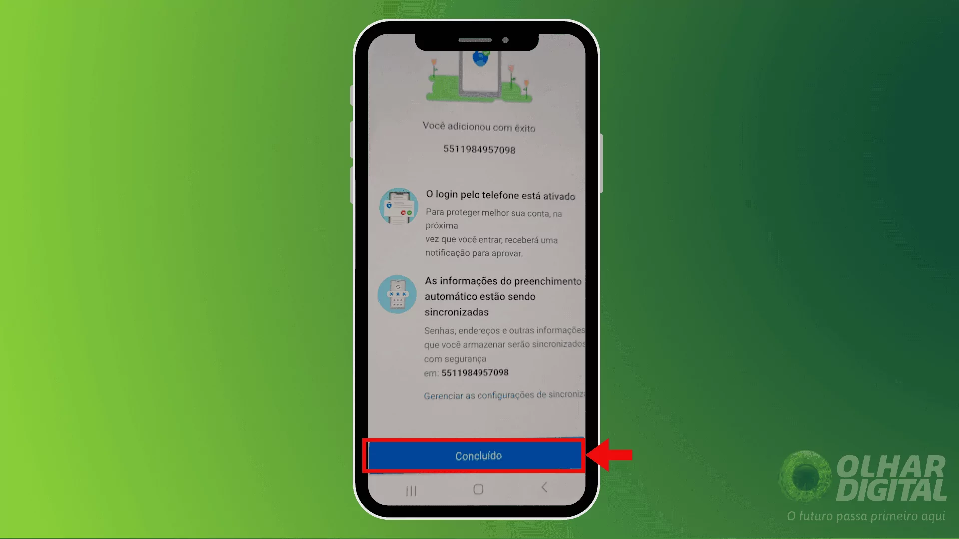 Tela finalizando a configuração do Microsoft Authenticator.
