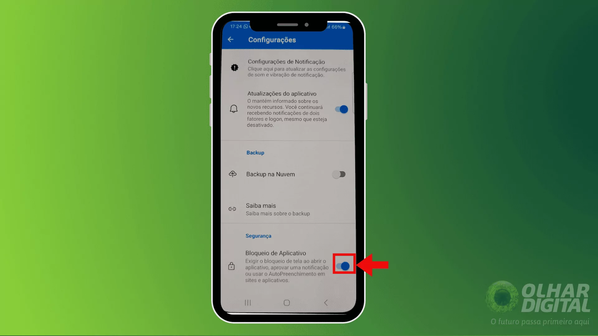 Ativação do bloqueio de aplicativos no Microsoft Authenticator.