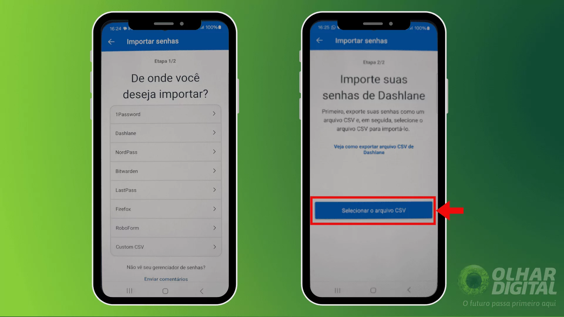 Importação de senhas via gerenciador no Microsoft Authenticator.