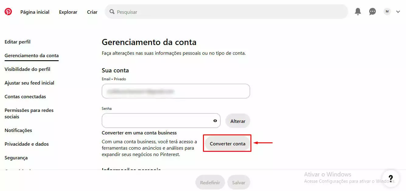 Converter conta pessoal em Business no Pinterest