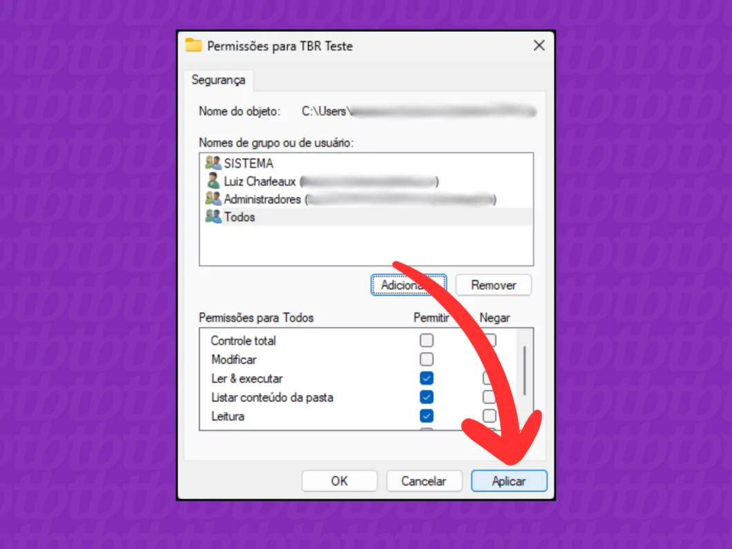 Aplicando alterações nas permissões de uma pasta no Windows Aplicando as alterações da permissão da pasta