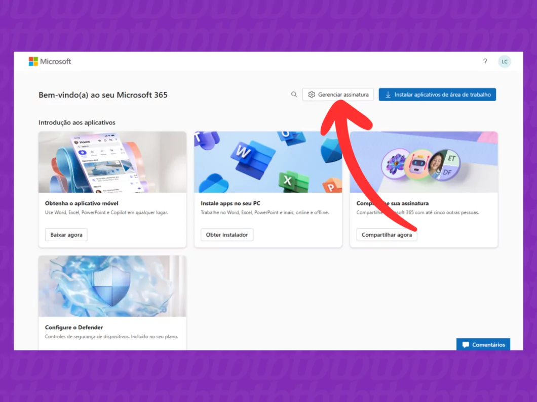 Captura de tela do Microsoft mostrando como acessar o menu Gerenciar assinatura Captura de tela do Microsoft mostrando como acessar o menu Gerenciar assinatura