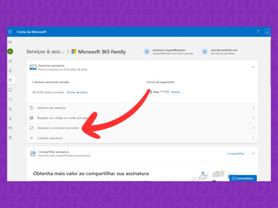 Captura de tela do site Microsoft mostrando como desativar a cobrança recorrente Captura de tela do site Microsoft mostrando como desativar a cobrança recorrente