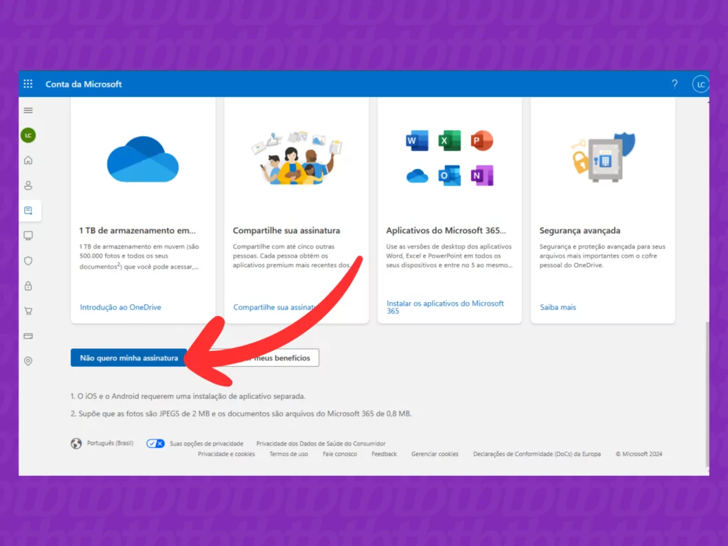 Captura de tela do Microsoft mostrando como desativar a cobrança recorrente Captura de tela do Microsoft mostrando como desativar a cobrança recorrente