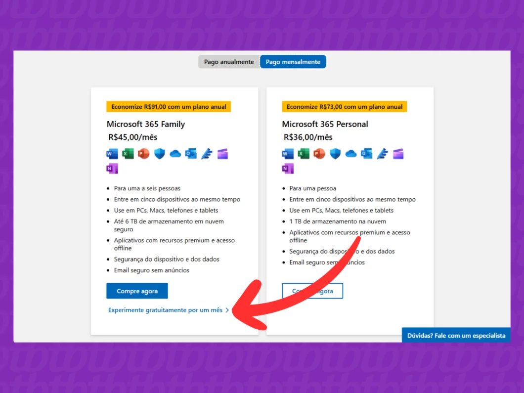 Captura de tela do Microsoft mostrando como selecionar um plano de assinatura Captura de tela do Microsoft mostrando como selecionar um plano de assinatura