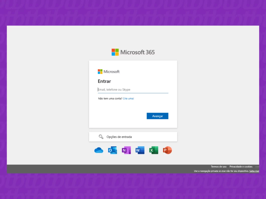 Captura de tela do Microsoft mostrando como fazer login Captura de tela do Microsoft mostrando como fazer login