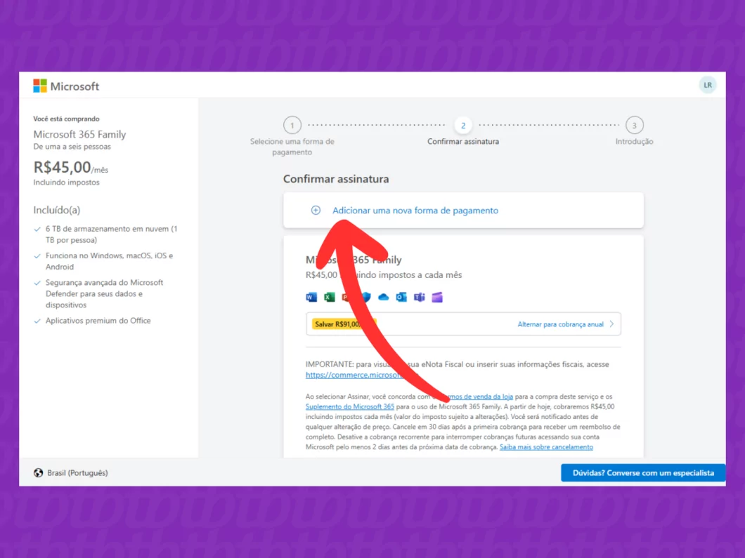 Captura de tela do Microsoft mostrando como adicionar uma forma de pagamento Captura de tela do Microsoft mostrando como adicionar uma forma de pagamento