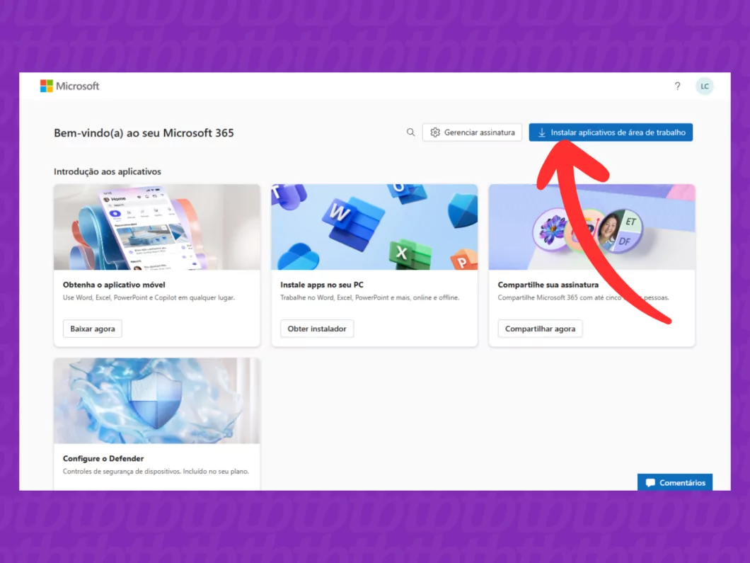 Captura de tela do Microsoft mostrando como fazer download do instalador Captura de tela do Microsoft mostrando como fazer download do instalador