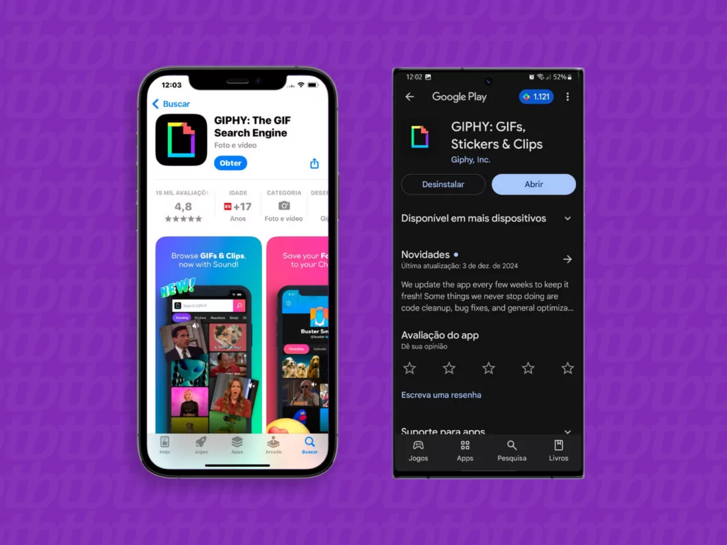 Como fazer um GIF para usar nos Stories do Instagram Guia Região dos Lagos 10 Captura de tela do iPhone e do Android mostra a tela para baixar o aplicativo GIPHY