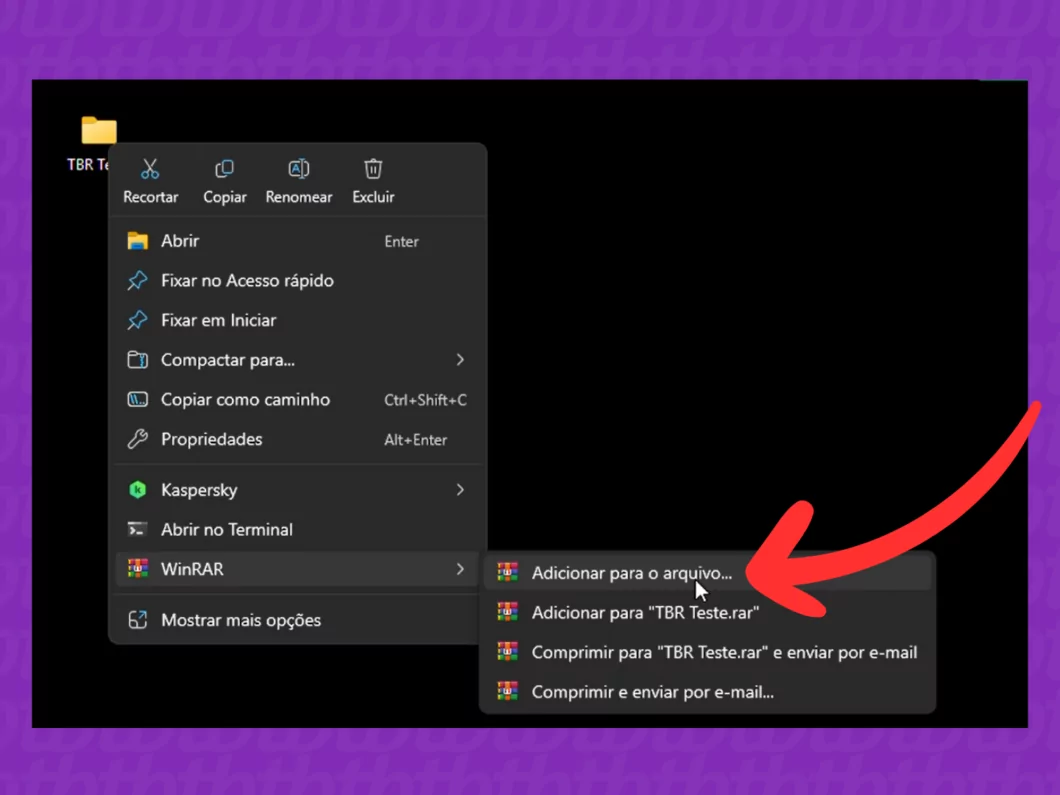 Opção de adicionar ao arquivo no WinRAR Selecionando a opção 'Adicionar para o arquivo...' do WinRAR