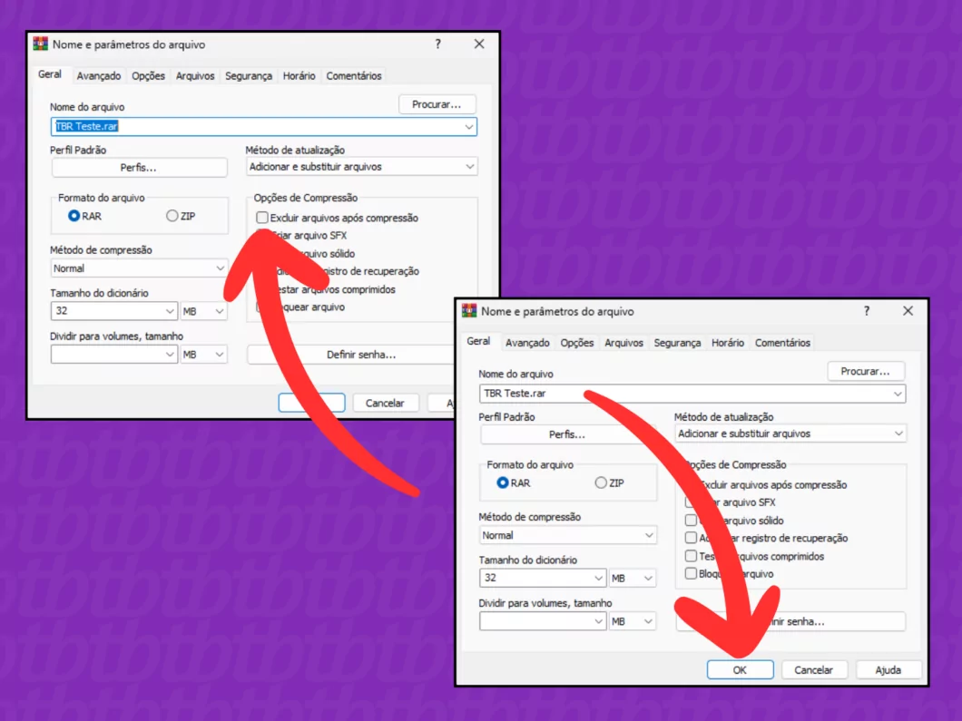 Marcação da opção de exclusão no WinRAR Marcando a opção 'Excluir arquivos após compressão'