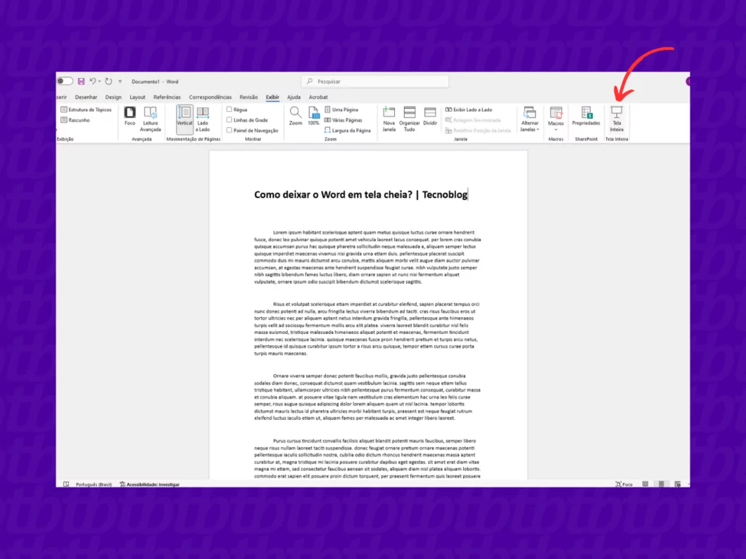 Habilitando a visualização em tela cheia do documento do Word Habilitando a visualização em tela cheia do documento do Word