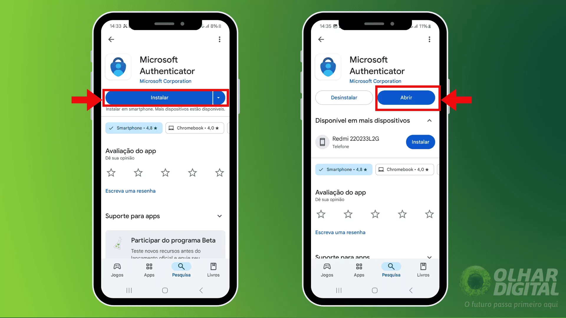 Telinha inicial do Microsoft Authenticator, solicitando permissões de notificação.