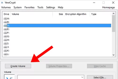 Tela inicial do VeraCrypt para criar volume