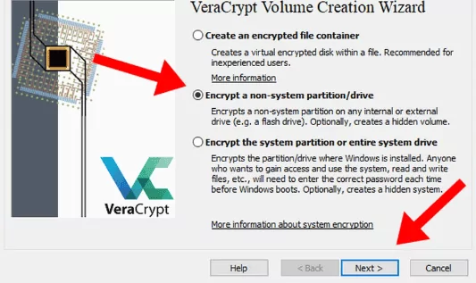 Escolha da opção para criptografar unidade não-sistema no VeraCrypt