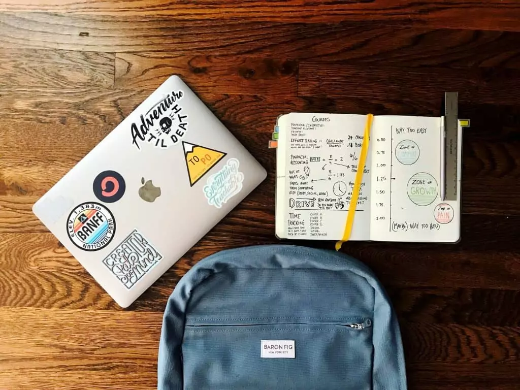10 portais para poupar na aquisição de material escolar Guia Região dos Lagos 10 Imagem mostrando uma mochila escolar, um laptop fechado e um caderno aberto com anotações visíveis sobre uma mesa de madeira