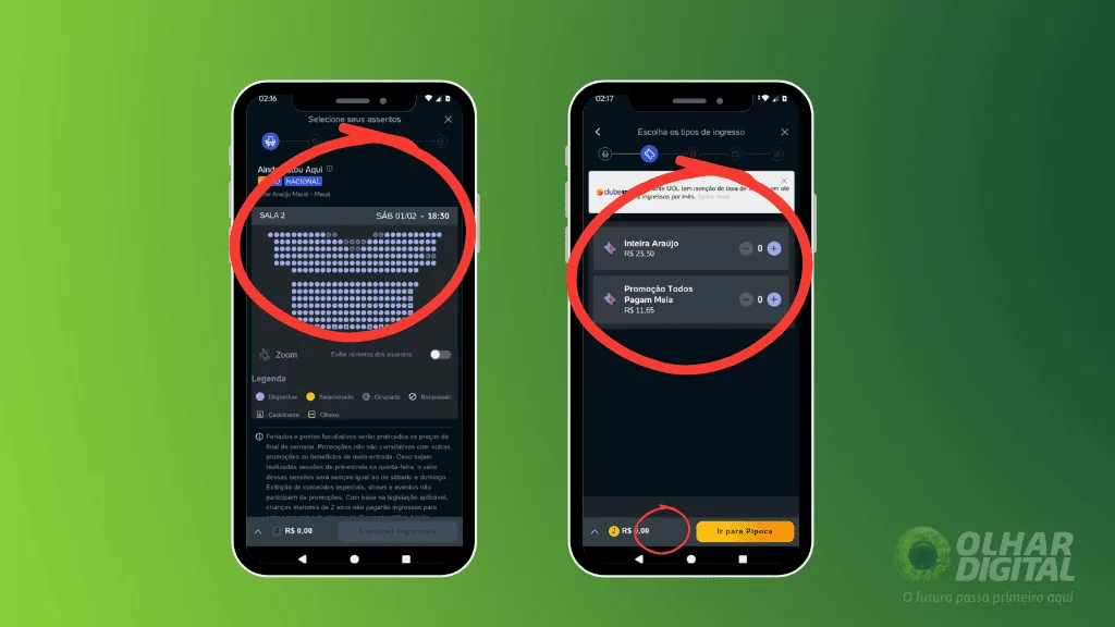 Dois smartphones exibem o aplicativo do Ingresso.com. O fundo é um gradiente verde, e no canto inferior direito está o logo do Olhar Digital.
