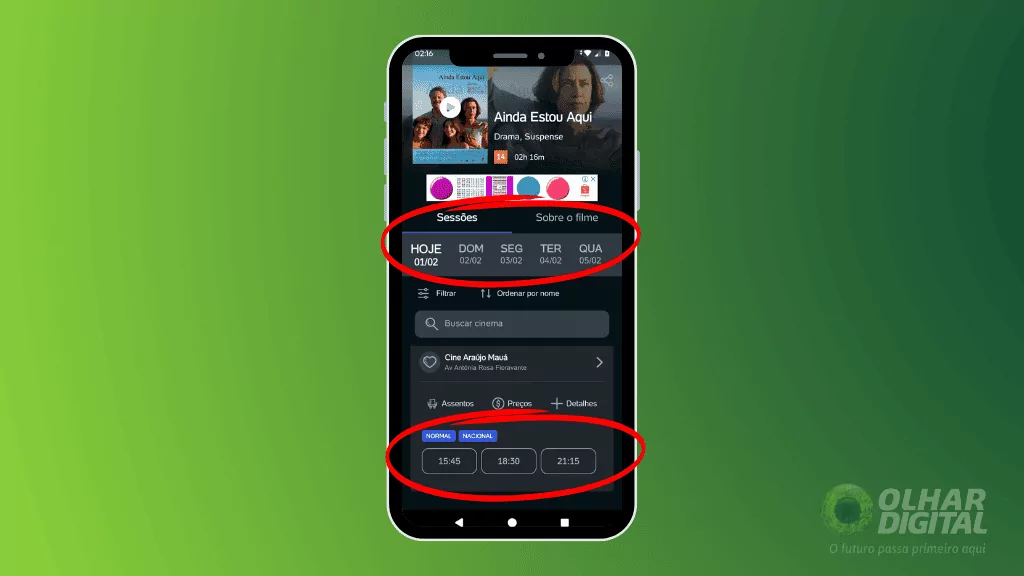 Um smartphone exibe o aplicativo do Ingresso.com aberto. O fundo tem um gradiente verde e contém o logo do Olhar Digital.