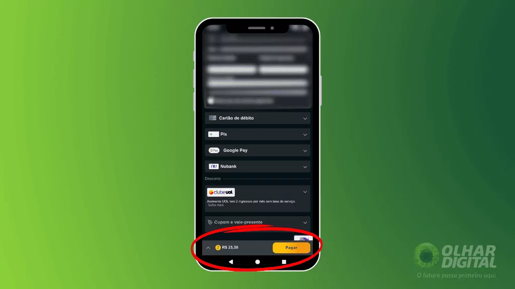 Um smartphone exibe o aplicativo do Ingresso.com. O fundo é verde, com o logo do Olhar Digital no canto inferior direito.