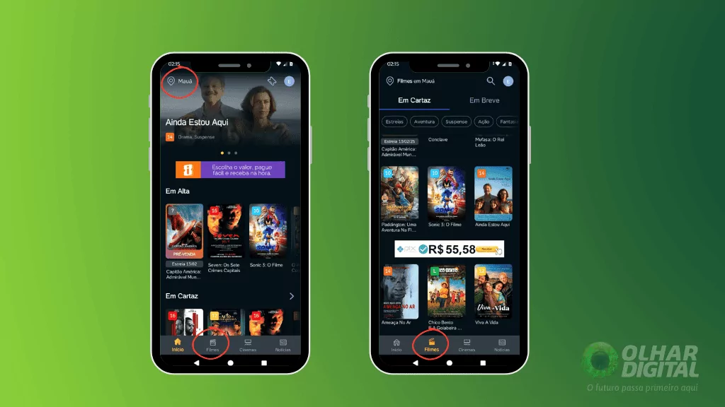 Dois smartphones mostram o aplicativo do Ingresso.com, com fundo em gradiente verde e logo do Olhar Digital.