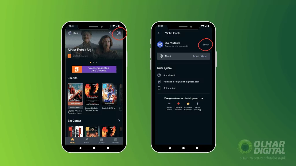Dois smartphones mostram o aplicativo do Ingresso.com na tela. O fundo é um gradiente verde e o logo do Olhar Digital aparece no canto inferior direito.