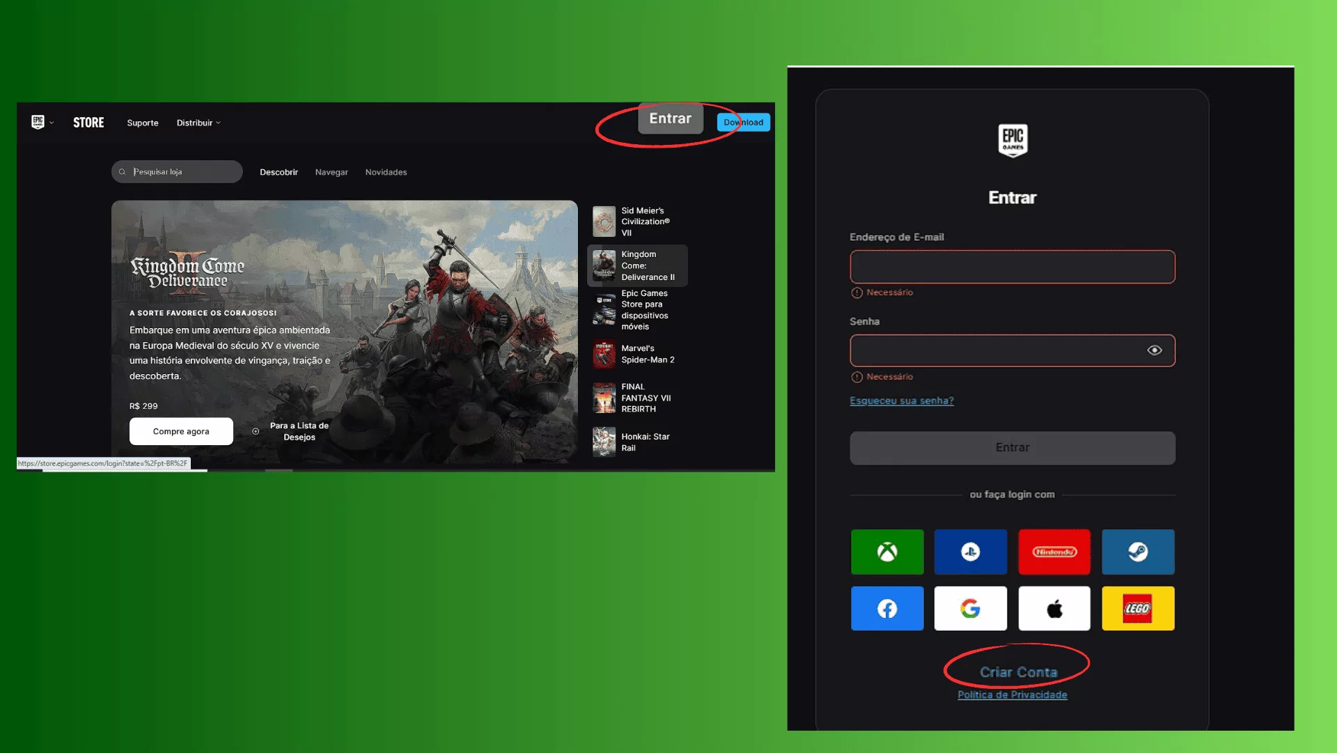 Tela de criação de conta Epic Games