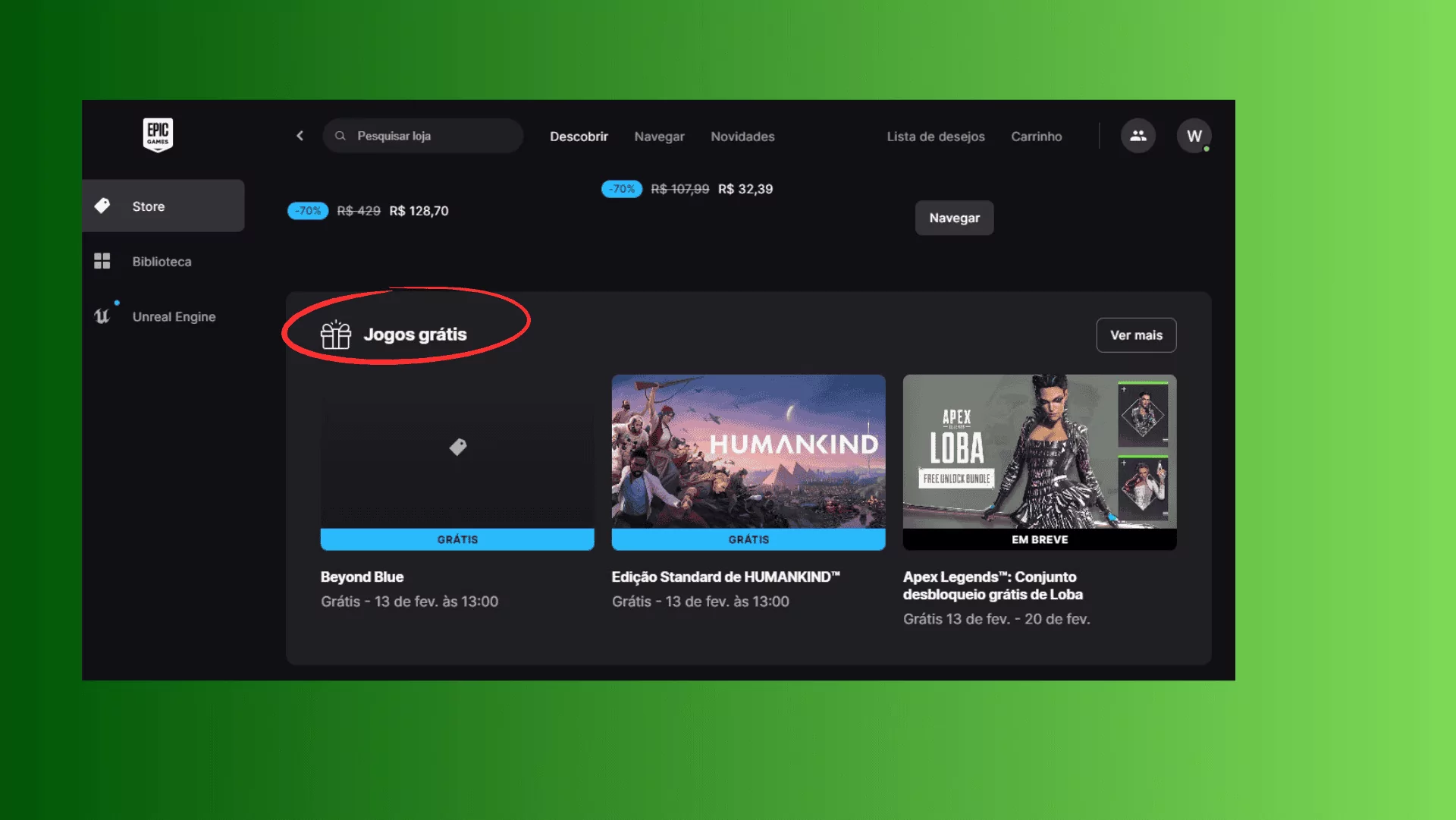 Localizando jogos gratuitos no Epic Games Launcher