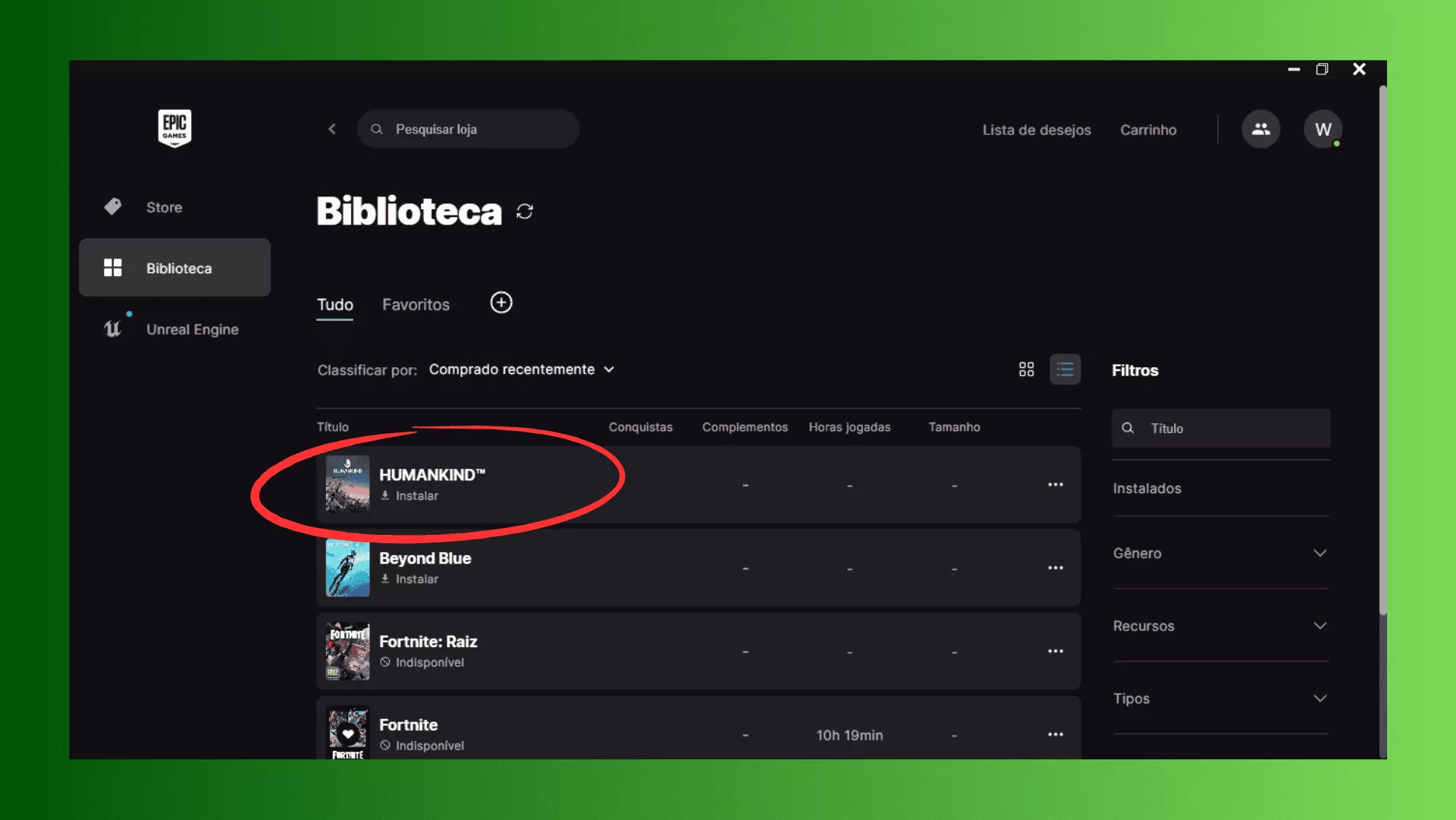 Instalando o jogo na Epic Games