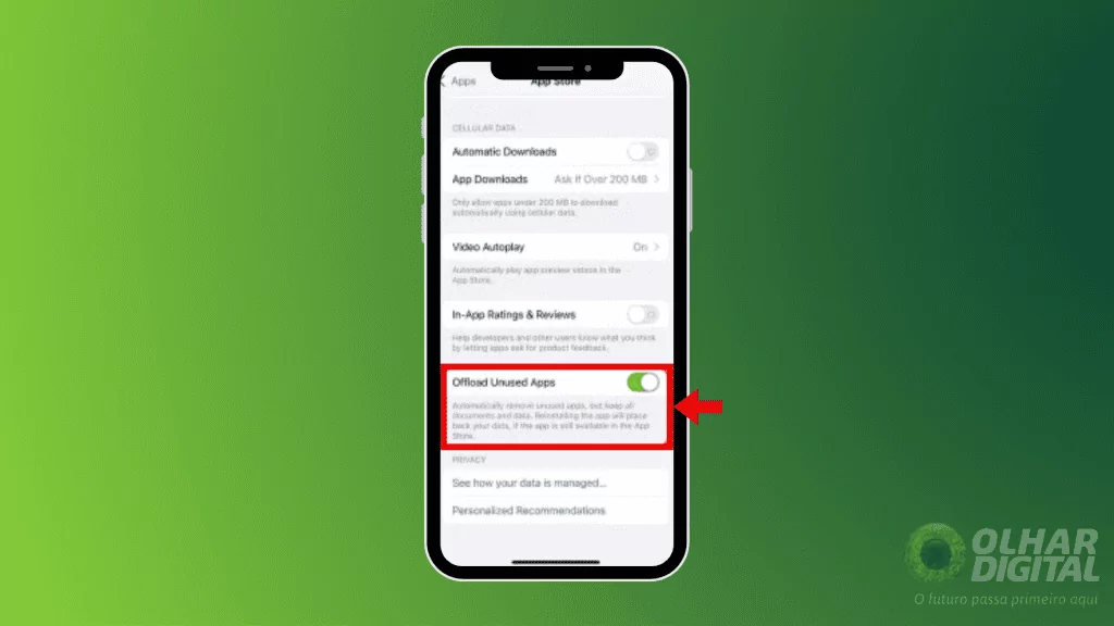 Opção para descarregar aplicativos não utilizados no iPhone Descarregar aplicativos não usados no iPhone