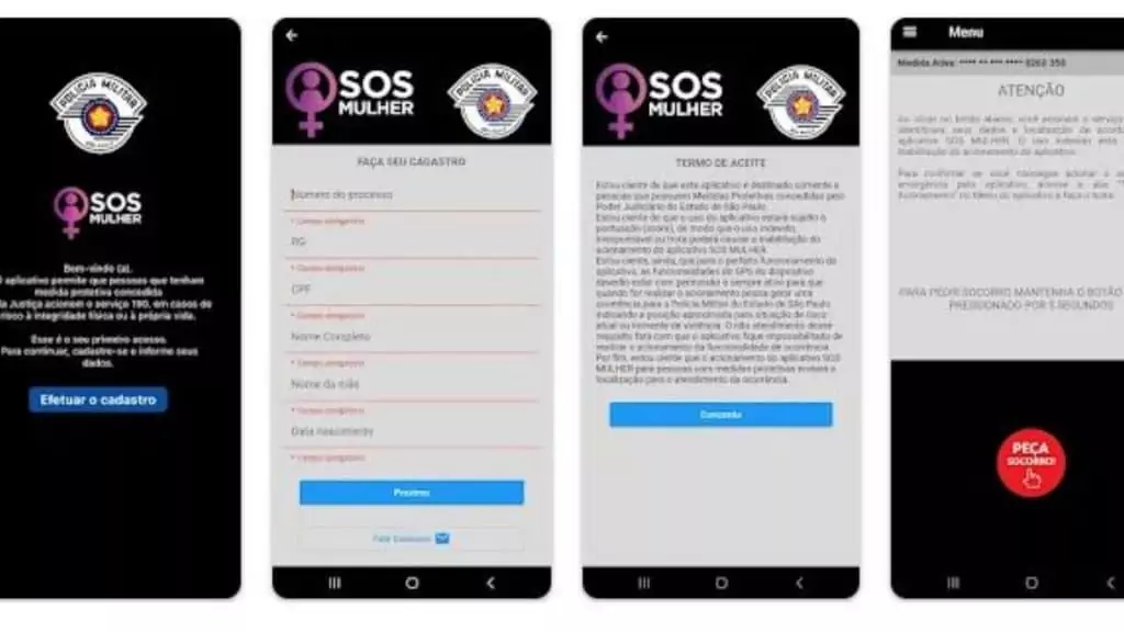 SOS Mulher - proteção feminina Tela do aplicativo SOS Mulher criado pela Polícia Militar de São Paulo.