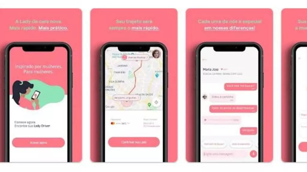 Aplicativo Lady Driver - transporte seguro Prints do aplicativo Lady Driver, conectando passageiras a motoristas mulheres.