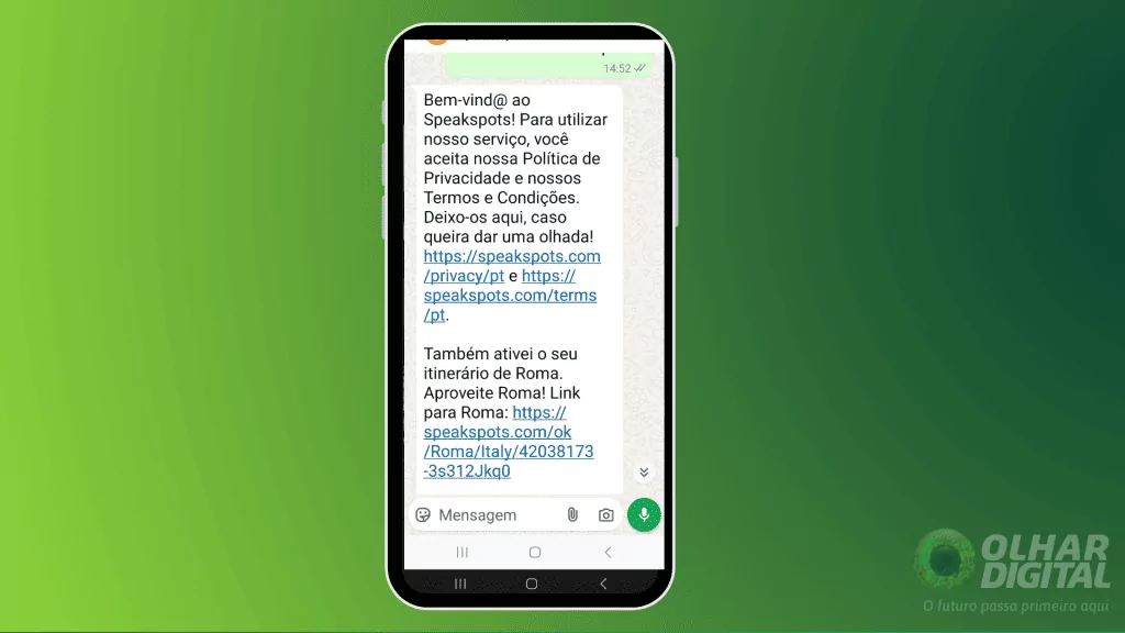 Como elaborar um plano de viagem com IA no Speakspots.com Guia Região dos Lagos 6 Tela do celular mostrando o aplicativo WhatsApp e a plataforma Speakspots