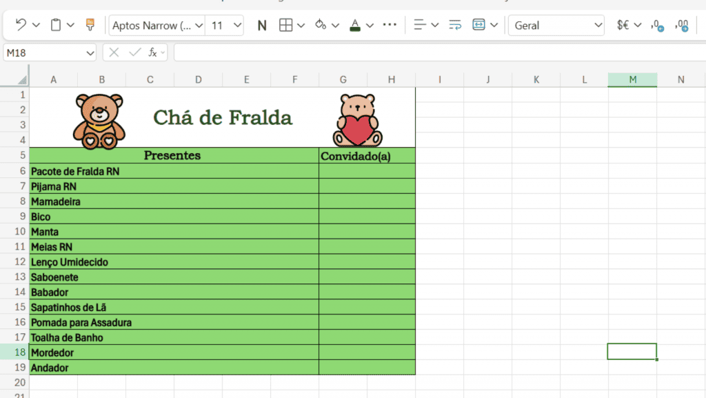 Tabela excel com lista de presentes para Chá de Fralda