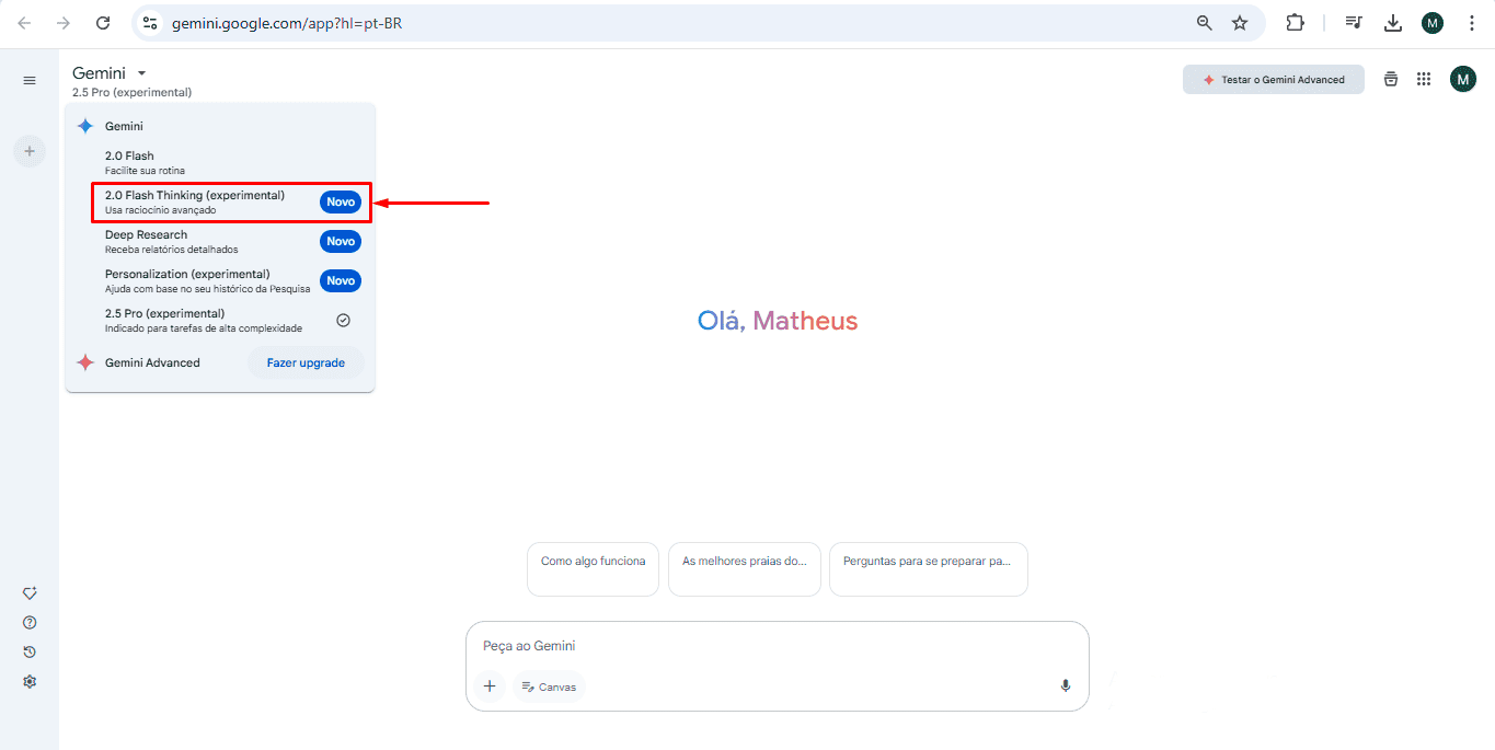 Seleção do modelo de IA no Gemini