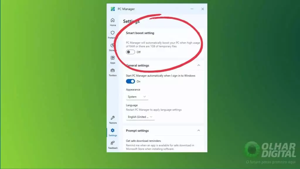 Configuração do Smart Boost no Microsoft PC Manager