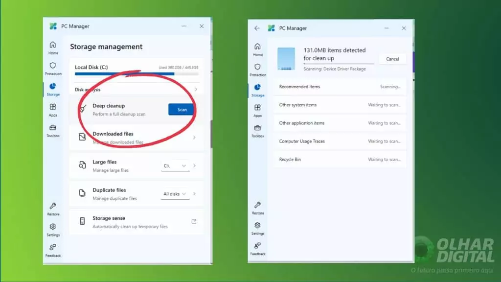 Deep Cleanup do Microsoft PC Manager para arquivos desnecessários