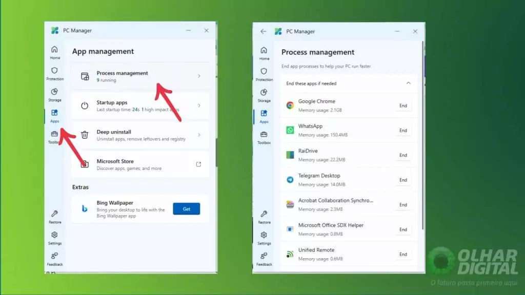 Gerenciamento de programas do Microsoft PC Manager