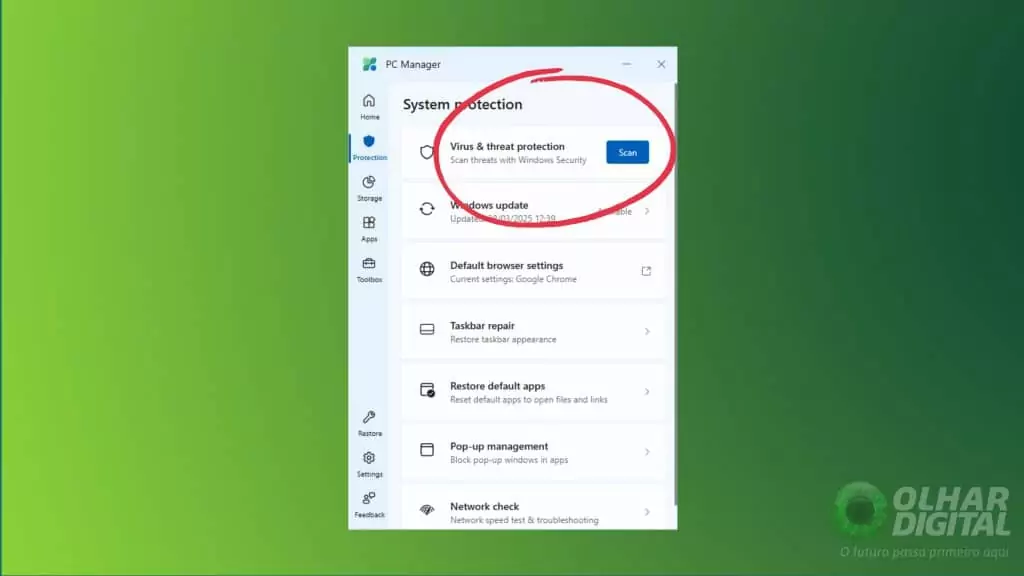 Proteção contra vírus no Microsoft PC Manager
