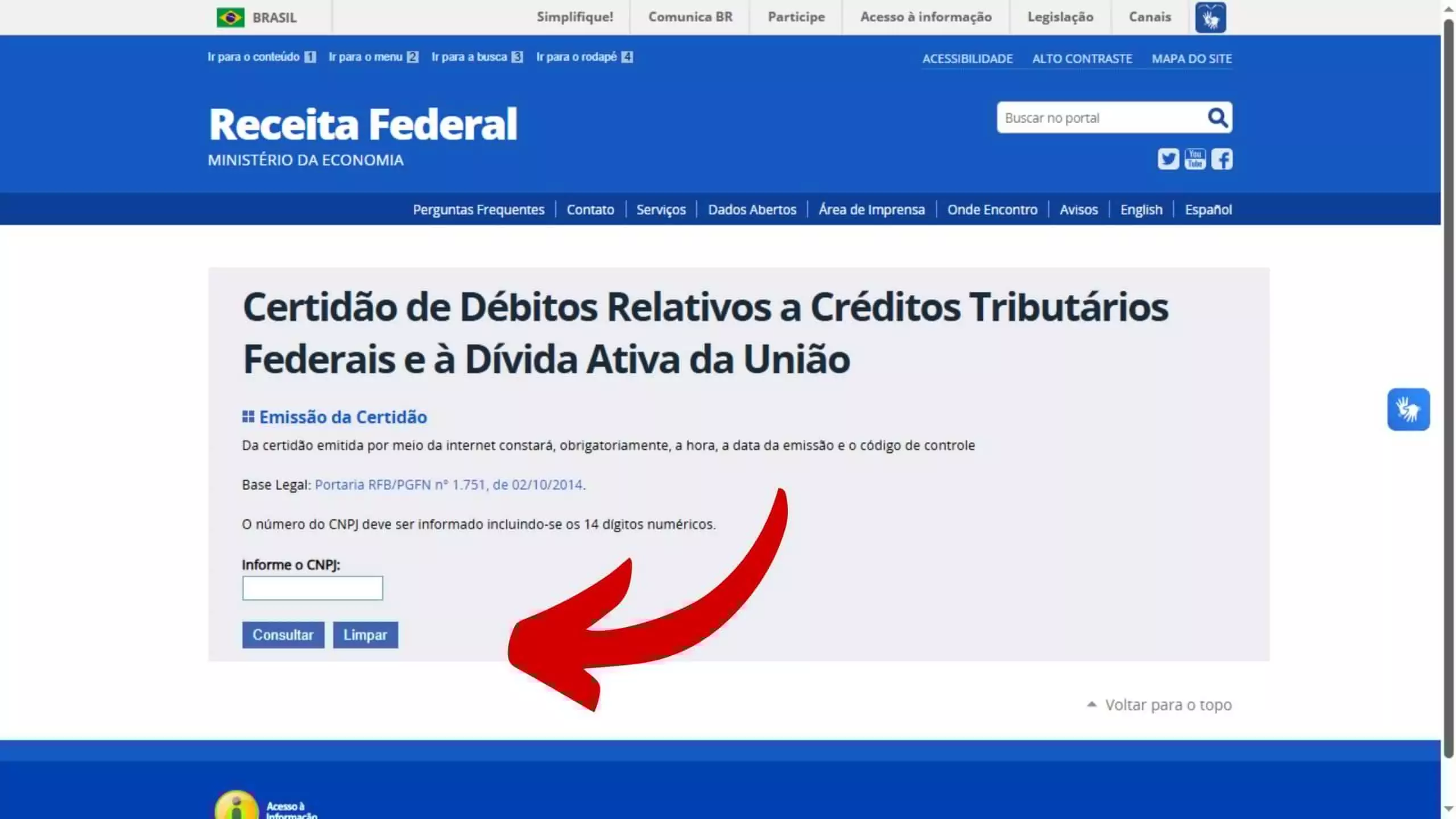 Tela de consulta para emissão da CND no site da Receita Federal